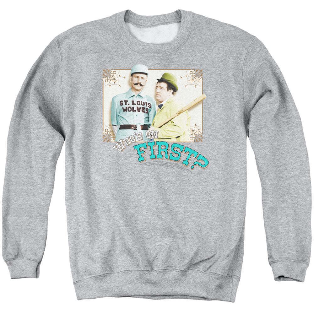 AN OFFCIALLY LICENSED ABBOTT & COSTELLO WHOS ON FIRST ADULT UNISEX CREWNECK SWEATSHIRT ATHLETIC HEATHER