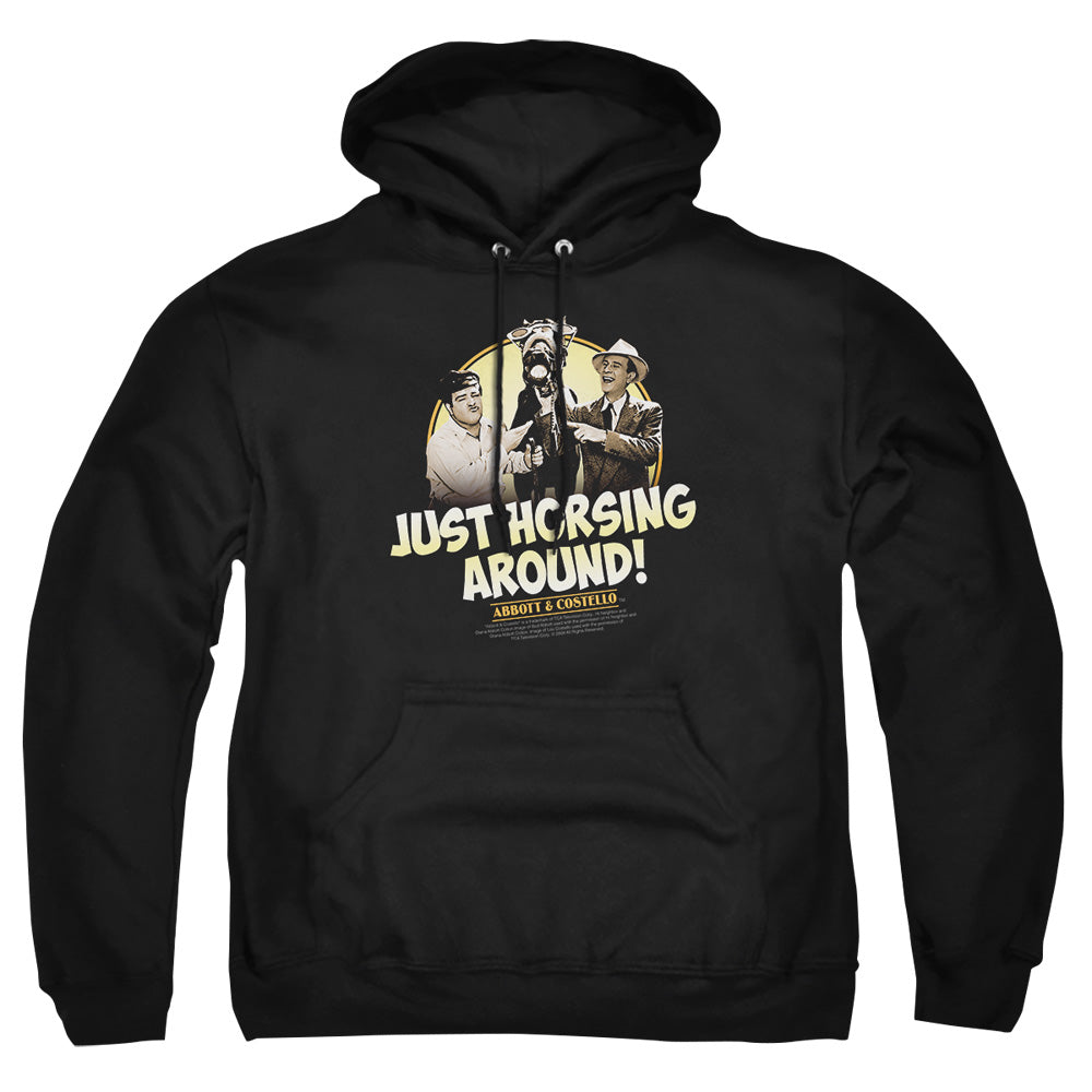 AN OFFCIALLY LICENSED ABBOTT & COSTELLO HORSING AROUND ADULT UNISEX PULLOVER HOODIE BLACK