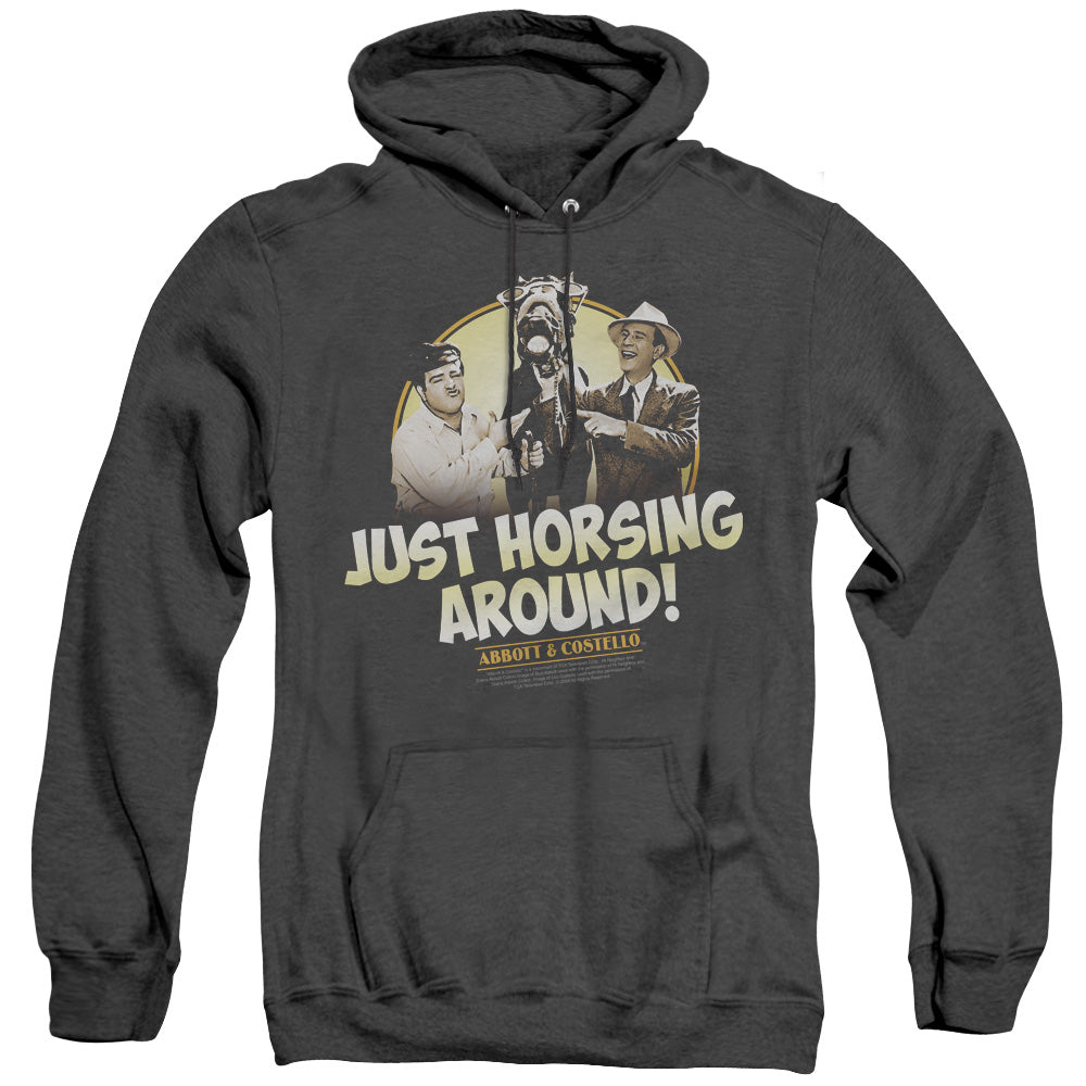 AN OFFCIALLY LICENSED ABBOTT & COSTELLO HORSING AROUND ADULT UNISEX HEATHER PULLOVER HOODIE BLACK