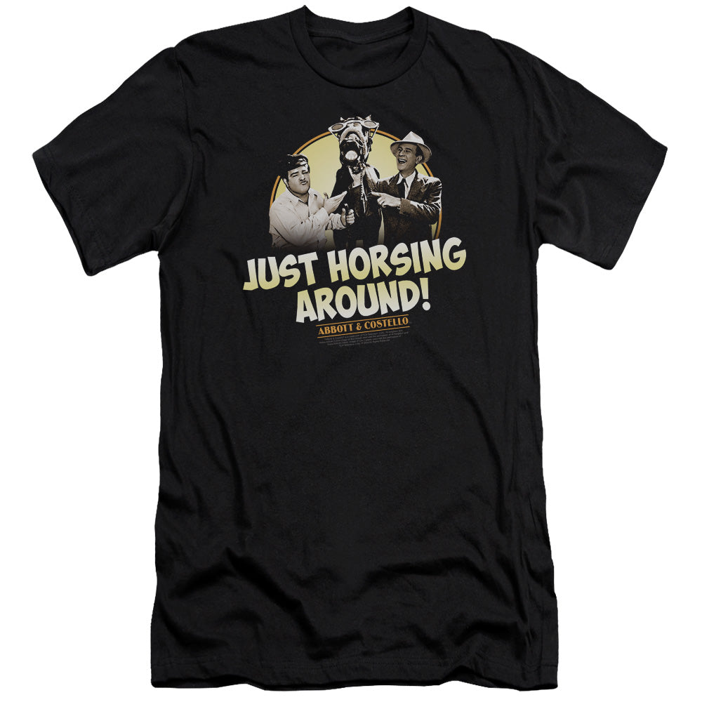 AN OFFCIALLY LICENSED ABBOTT & COSTELLO HORSING AROUND MEN'S PREMIUM SLIM FIT T-SHIRT BLACK