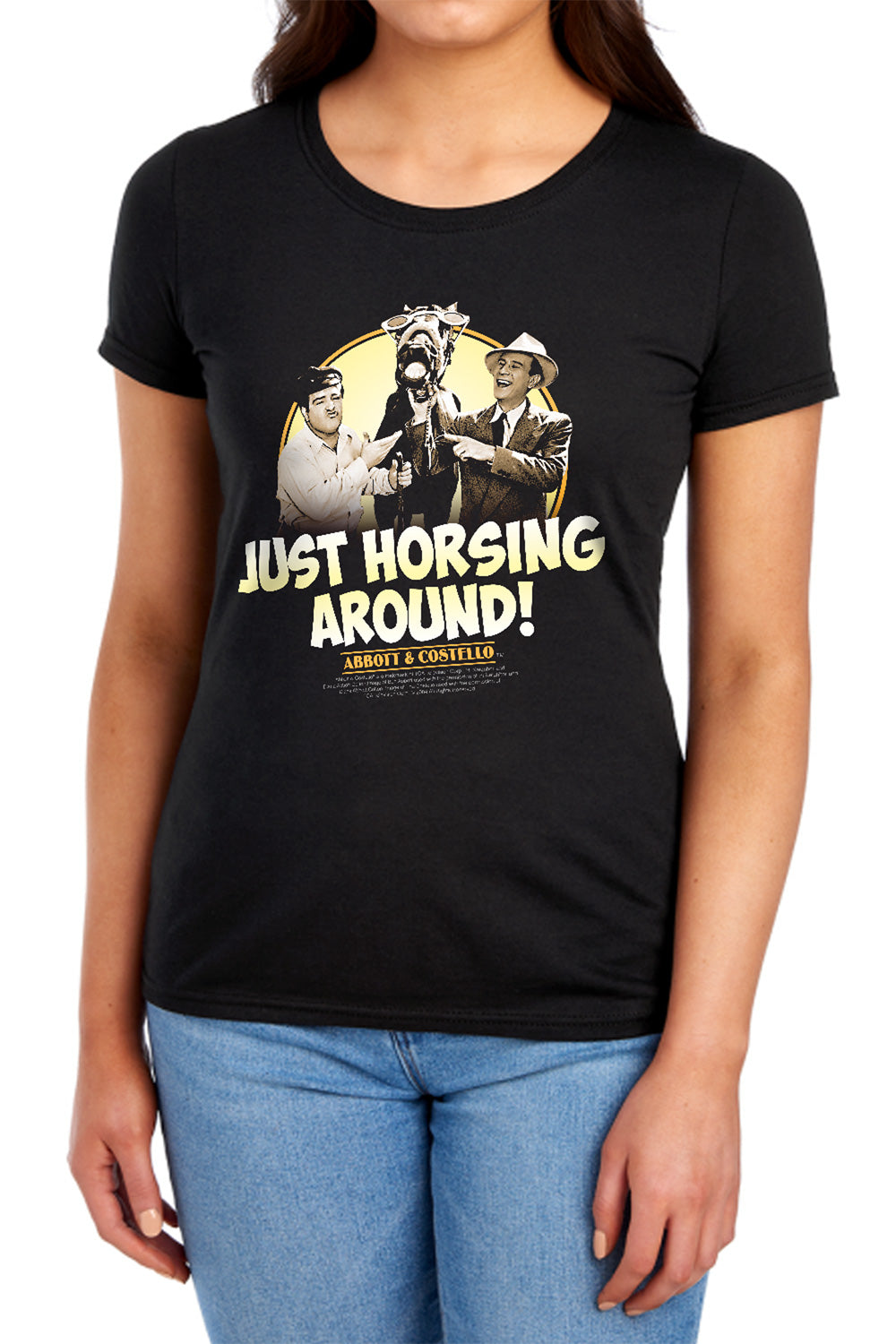 AN OFFCIALLY LICENSED ABBOTT & COSTELLO HORSING AROUND WOMEN'S REGULAR FIT T-SHIRT BLACK