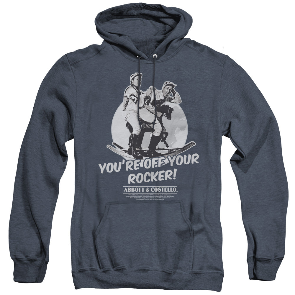 AN OFFCIALLY LICENSED ABBOTT & COSTELLO OFF YOUR ROCKER ADULT UNISEX HEATHER PULLOVER HOODIE NAVY