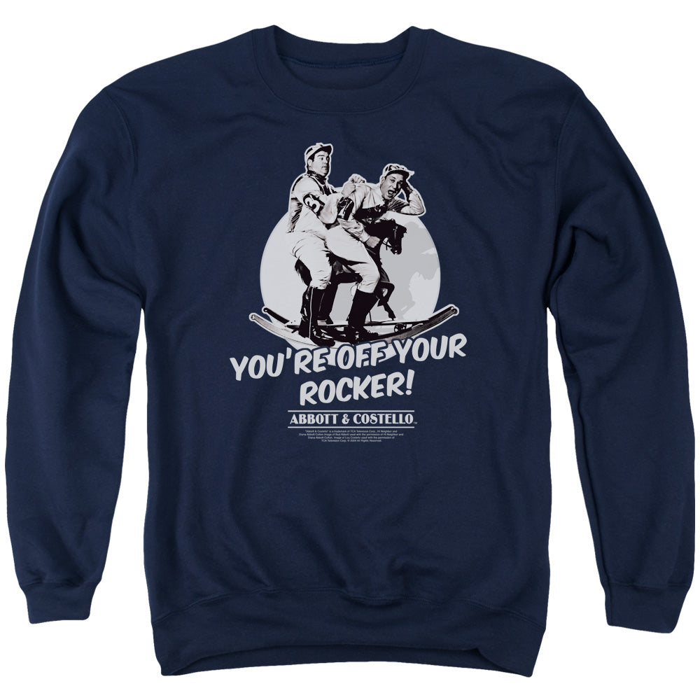 AN OFFCIALLY LICENSED ABBOTT & COSTELLO OFF YOUR ROCKER ADULT UNISEX CREWNECK SWEATSHIRT NAVY