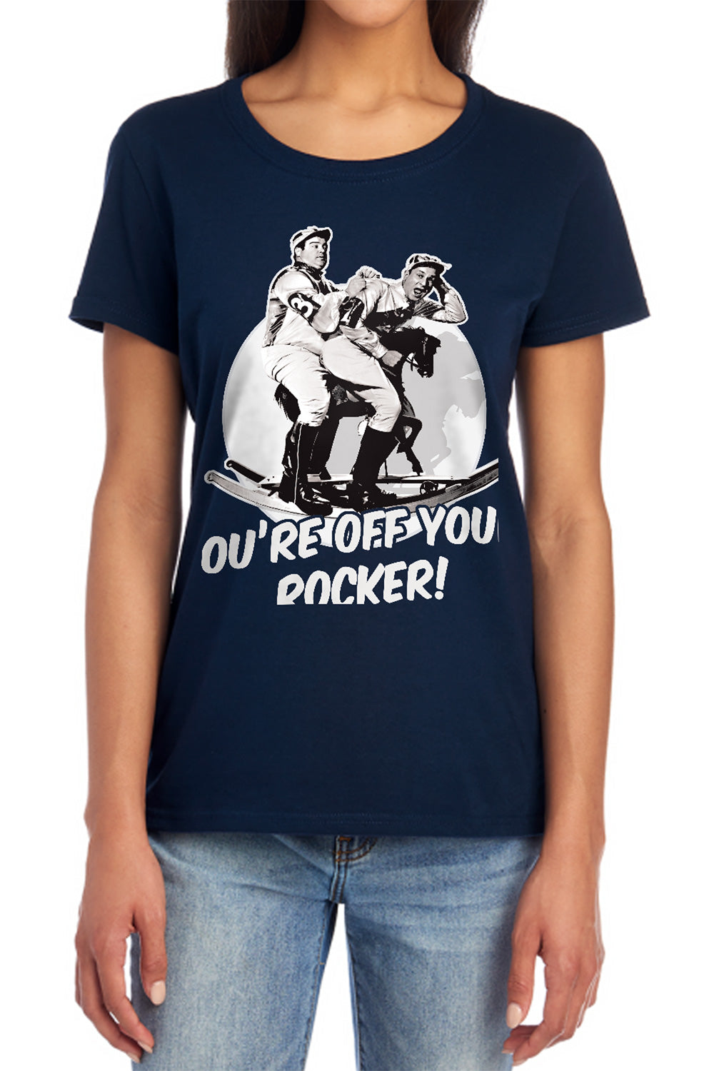 AN OFFCIALLY LICENSED ABBOTT & COSTELLO OFF YOUR ROCKER WOMEN'S REGULAR FIT T-SHIRT NAVY