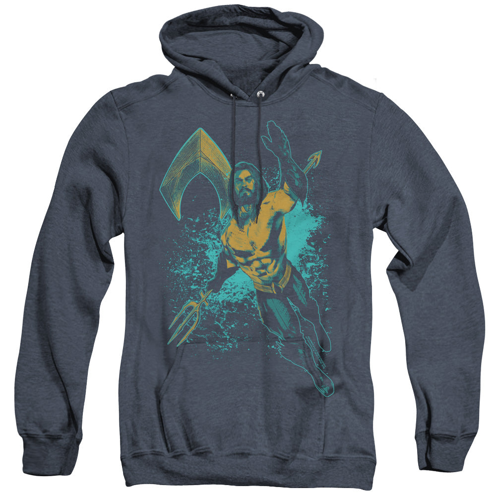 AN OFFCIALLY LICENSED AQUAMAN MOVIE MAKE A SPLASH ADULT UNISEX HEATHER PULLOVER HOODIE NAVY