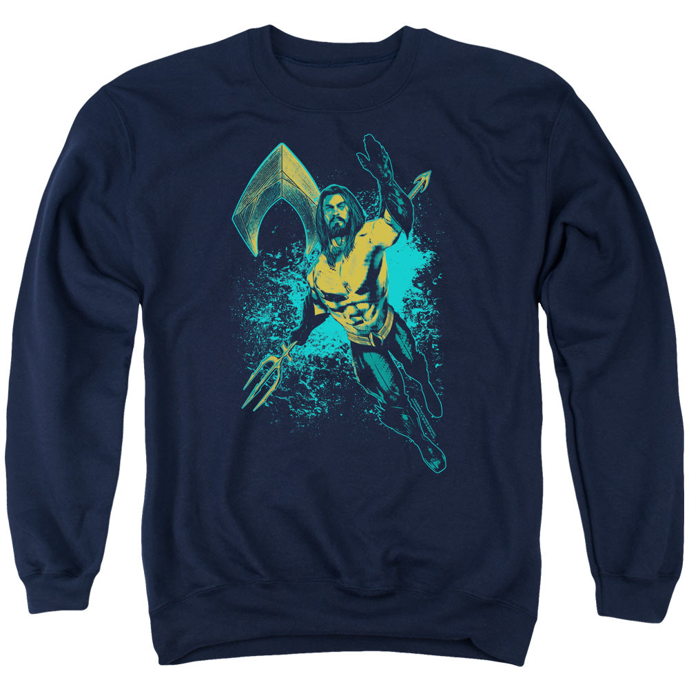 AN OFFCIALLY LICENSED AQUAMAN MOVIE MAKE A SPLASH ADULT UNISEX CREWNECK SWEATSHIRT NAVY