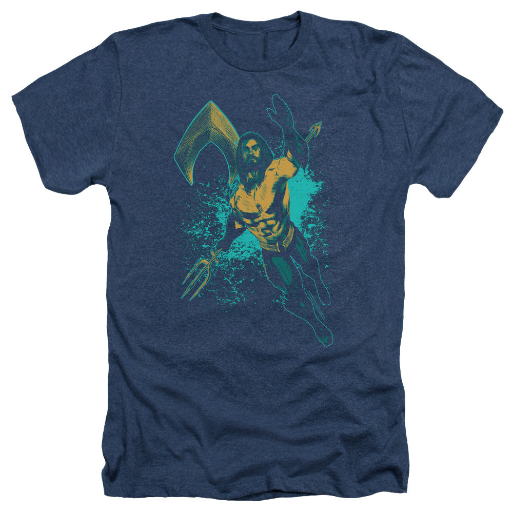 AN OFFCIALLY LICENSED AQUAMAN MOVIE MAKE A SPLASH MEN'S HEATHER T-SHIRT NAVY