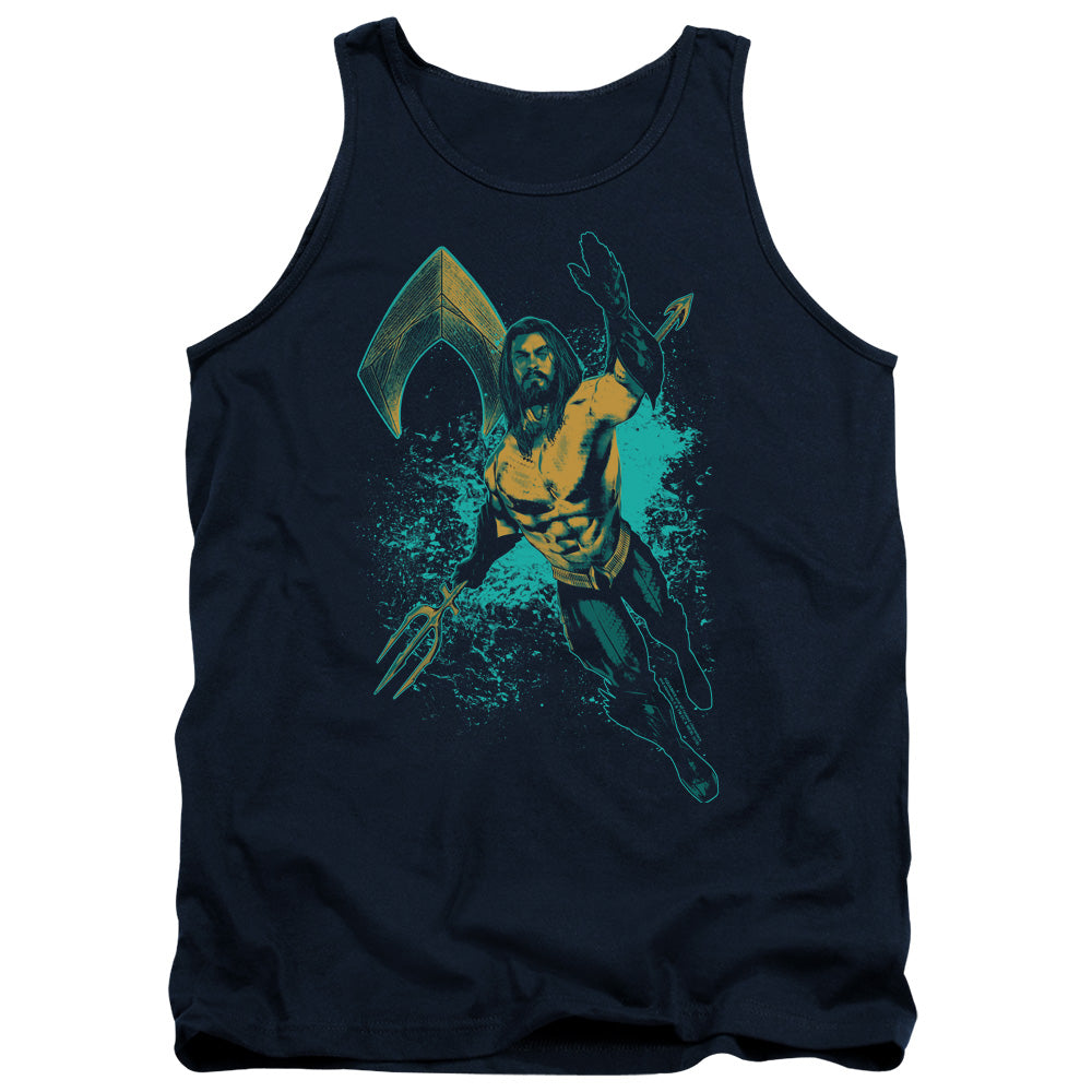 AN OFFCIALLY LICENSED AQUAMAN MOVIE MAKE A SPLASH ADULT UNISEX TANK TOP NAVY
