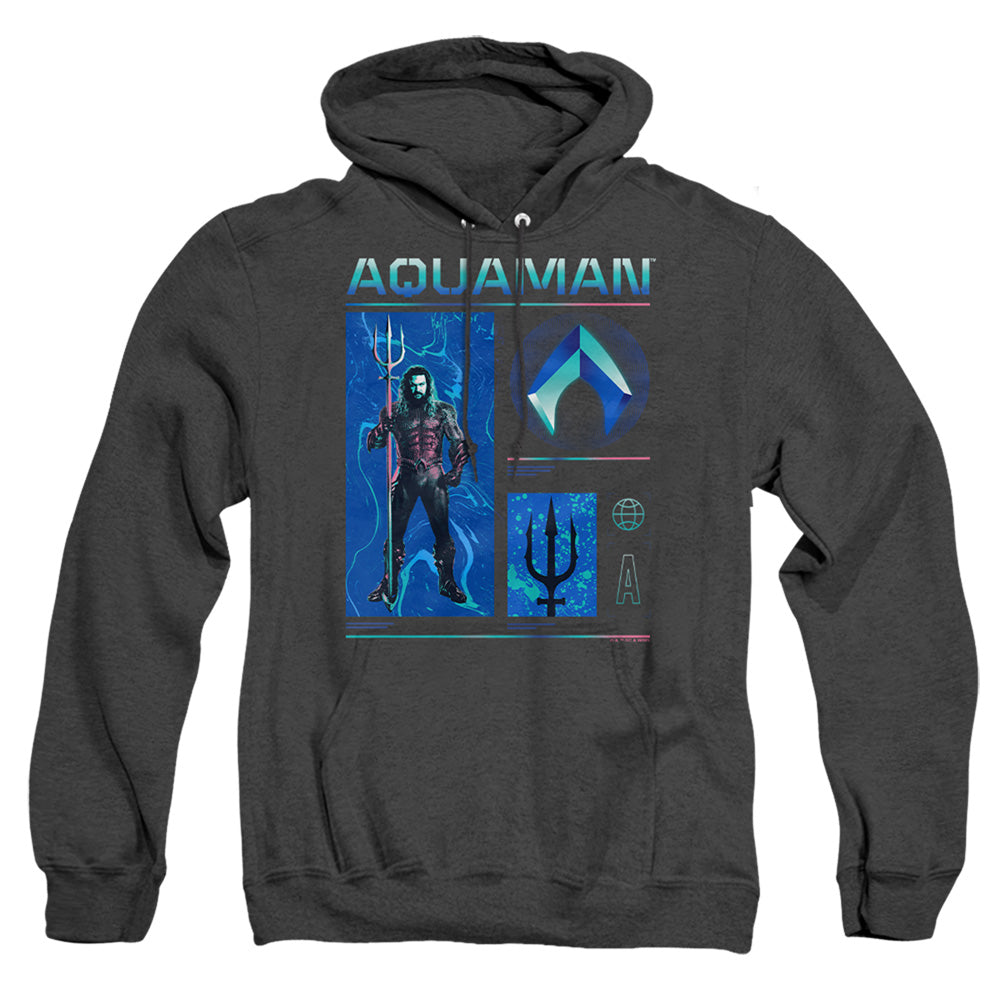 AN OFFCIALLY LICENSED AQUAMAN AND THE LOST KINGDOM AQUAMAN STATS ADULT UNISEX HEATHER PULLOVER HOODIE BLACK
