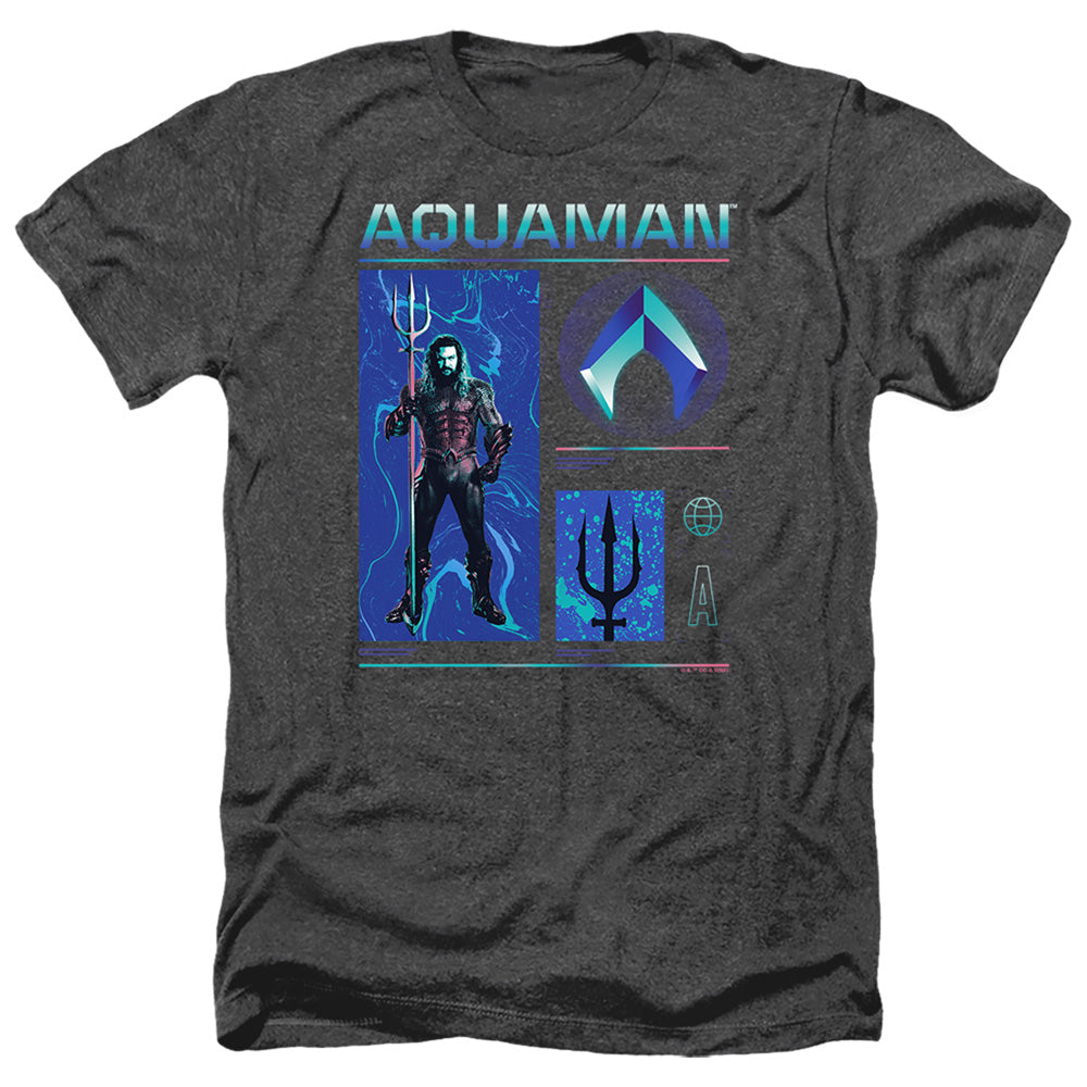 AN OFFCIALLY LICENSED AQUAMAN AND THE LOST KINGDOM AQUAMAN STATS MEN'S HEATHER T-SHIRT CHARCOAL