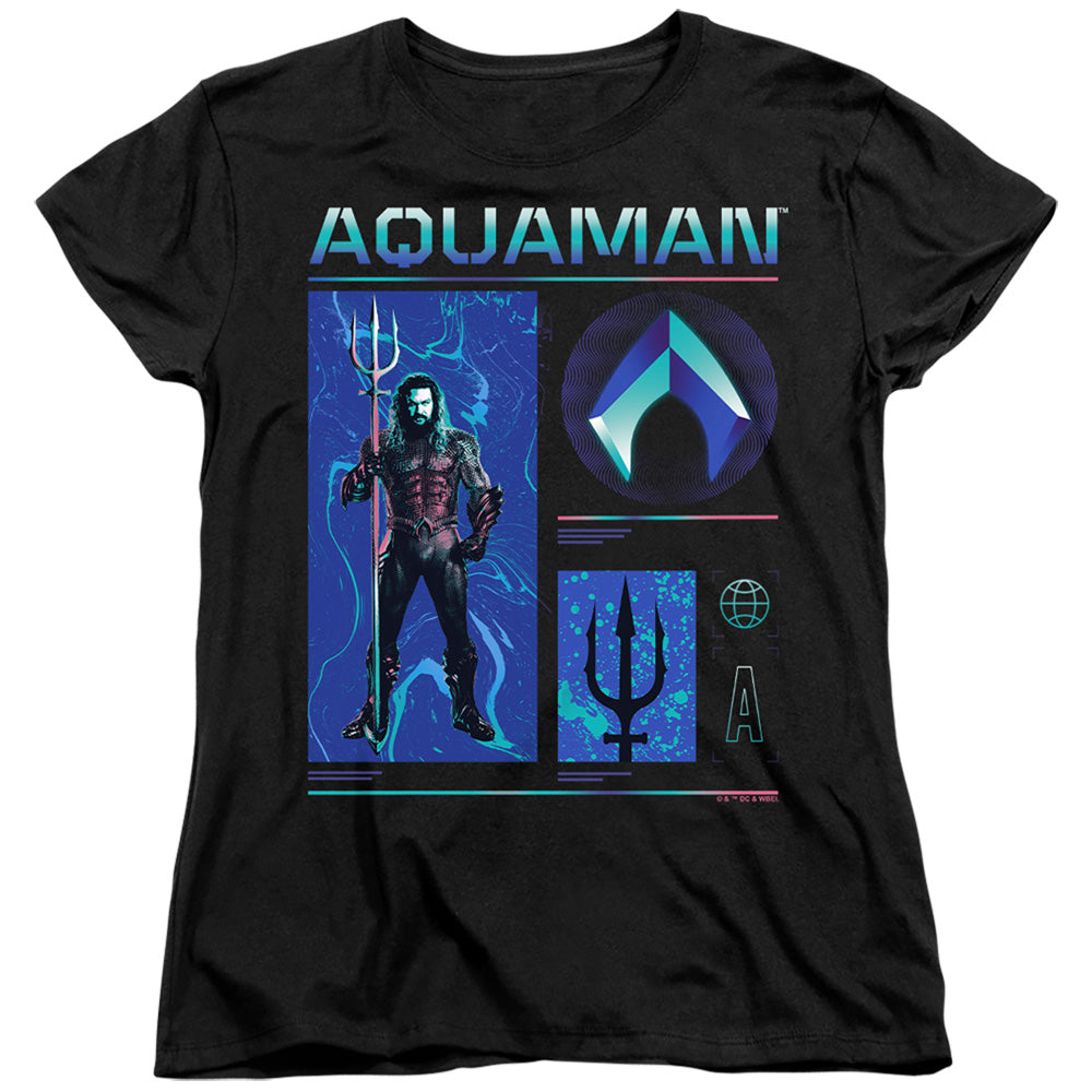 AN OFFCIALLY LICENSED AQUAMAN AND THE LOST KINGDOM AQUAMAN STATS WOMEN'S REGULAR FIT T-SHIRT BLACK