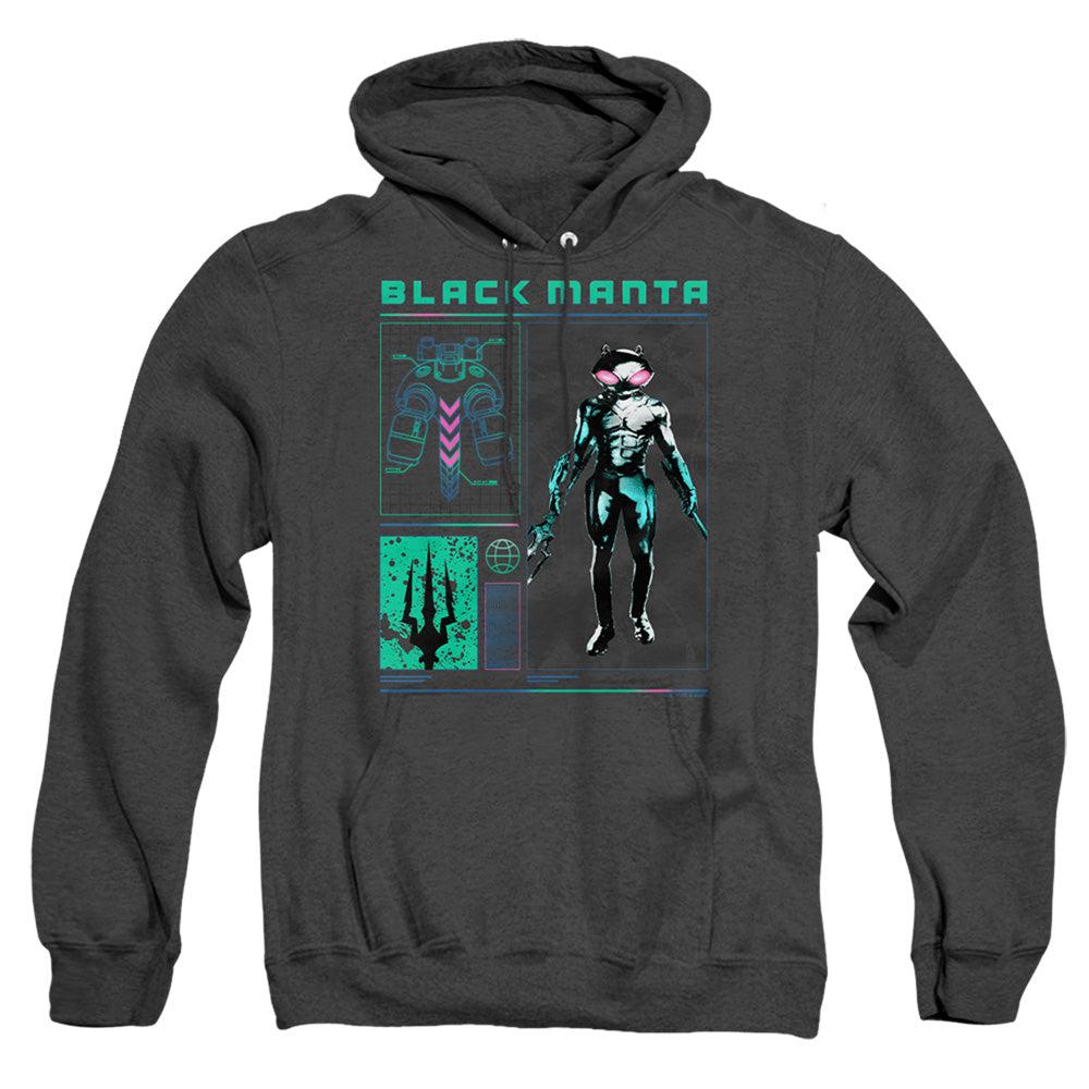 AN OFFCIALLY LICENSED AQUAMAN AND THE LOST KINGDOM BLACK MANTA STATS ADULT UNISEX HEATHER PULLOVER HOODIE BLACK