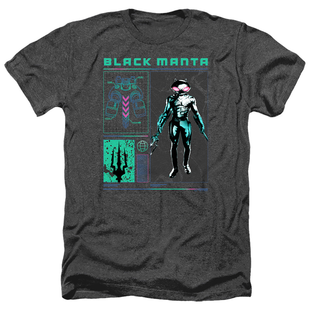 AN OFFCIALLY LICENSED AQUAMAN AND THE LOST KINGDOM BLACK MANTA STATS MEN'S HEATHER T-SHIRT CHARCOAL