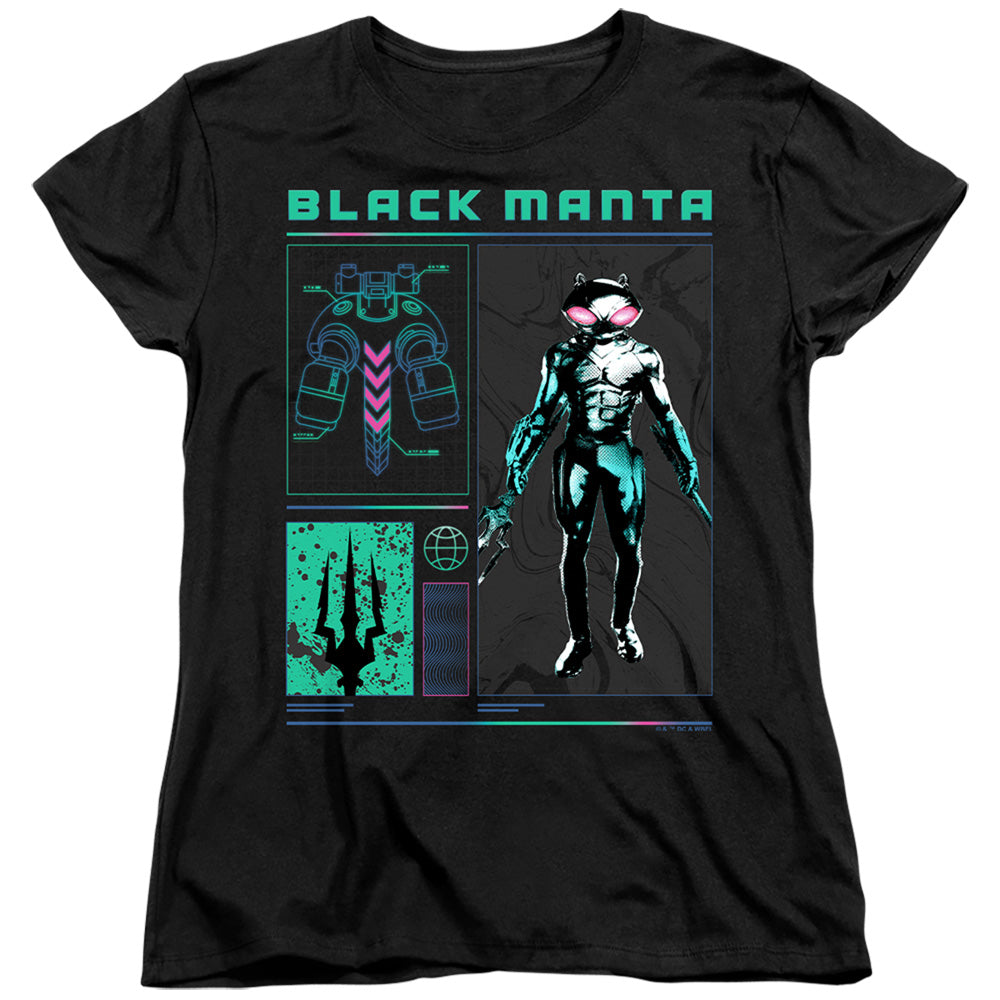 AN OFFCIALLY LICENSED AQUAMAN AND THE LOST KINGDOM BLACK MANTA STATS WOMEN'S REGULAR FIT T-SHIRT BLACK
