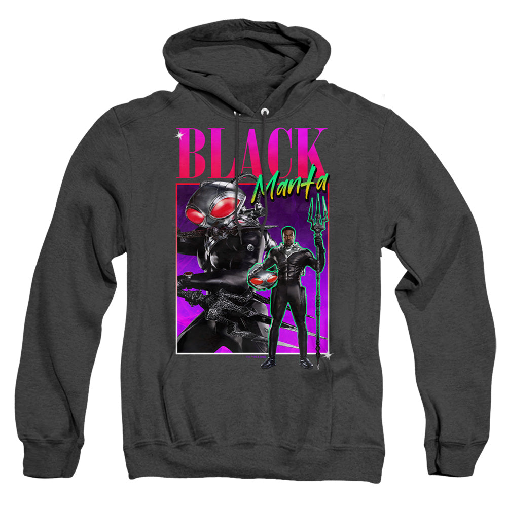 AN OFFCIALLY LICENSED AQUAMAN AND THE LOST KINGDOM 90'S STYLE BLACK MANTA ADULT UNISEX HEATHER PULLOVER HOODIE BLACK