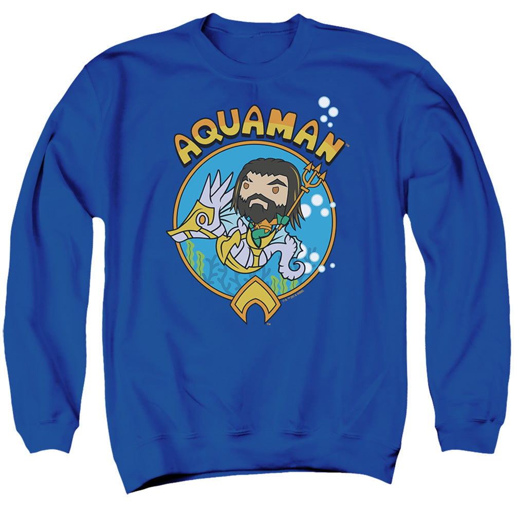 AN OFFCIALLY LICENSED AQUAMAN AND THE LOST KINGDOM CHIBI AQUAMAN ADULT UNISEX CREWNECK SWEATSHIRT ROYAL