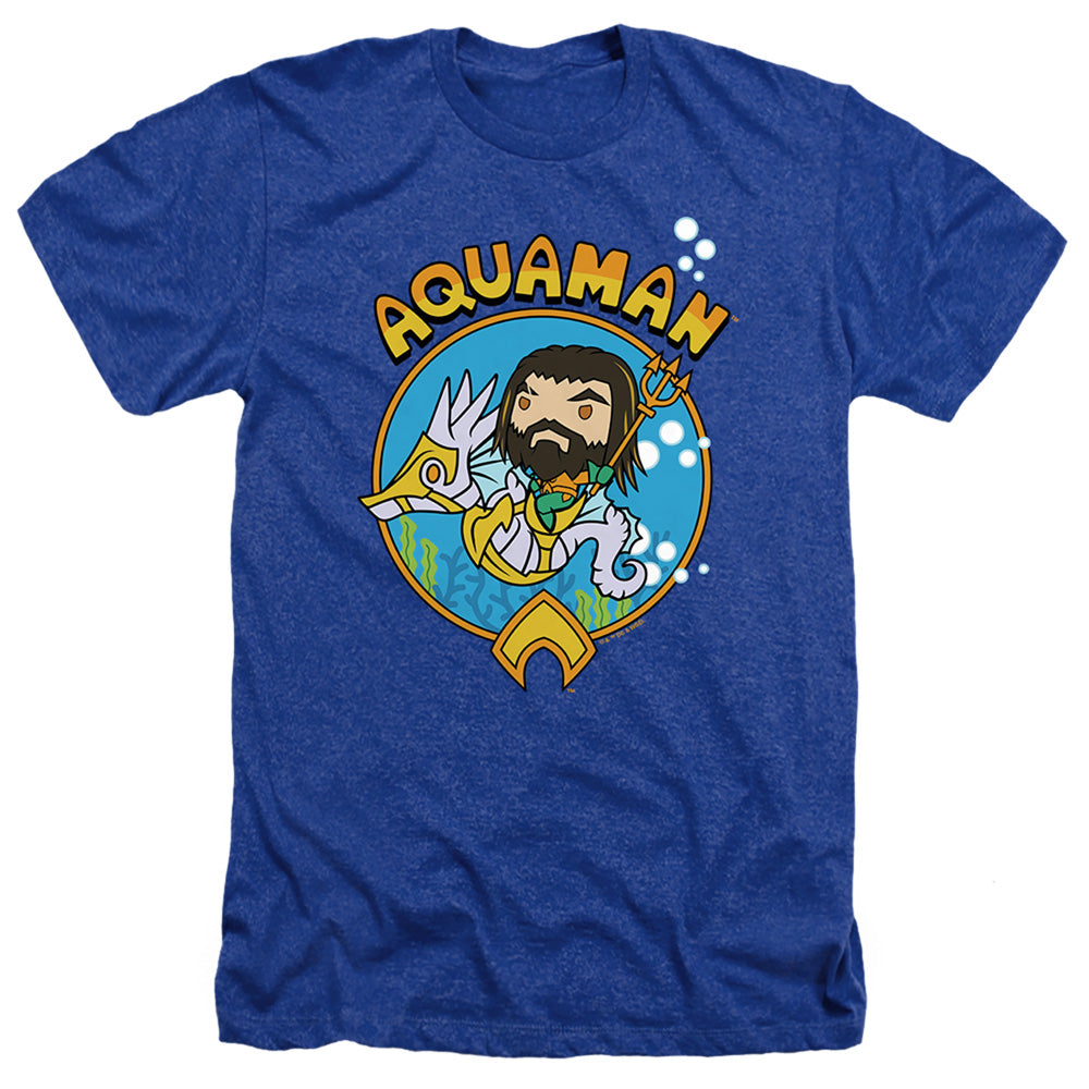 AN OFFCIALLY LICENSED AQUAMAN AND THE LOST KINGDOM CHIBI AQUAMAN MEN'S HEATHER T-SHIRT ROYAL