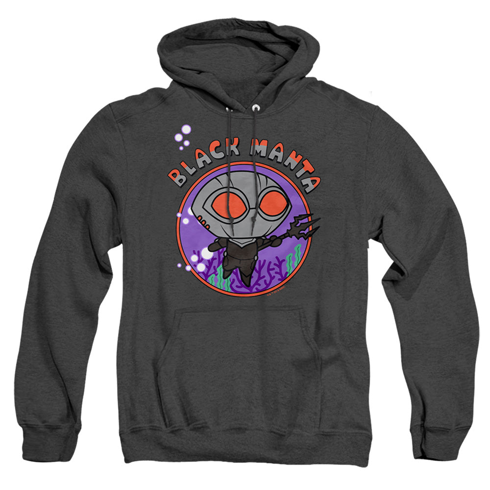AN OFFCIALLY LICENSED AQUAMAN AND THE LOST KINGDOM CHIBI BLACK MANTA ADULT UNISEX HEATHER PULLOVER HOODIE BLACK