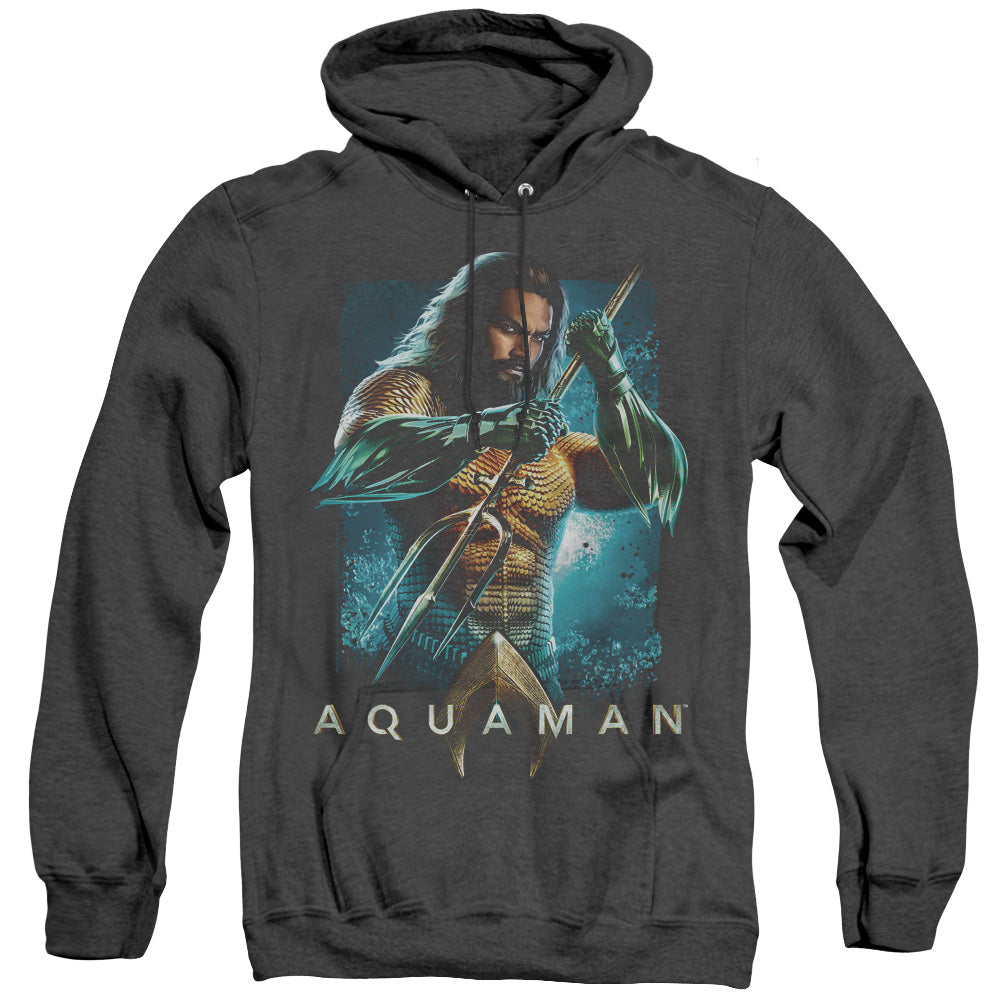 AN OFFCIALLY LICENSED AQUAMAN MOVIE TRIDENT ADULT UNISEX HEATHER PULLOVER HOODIE BLACK