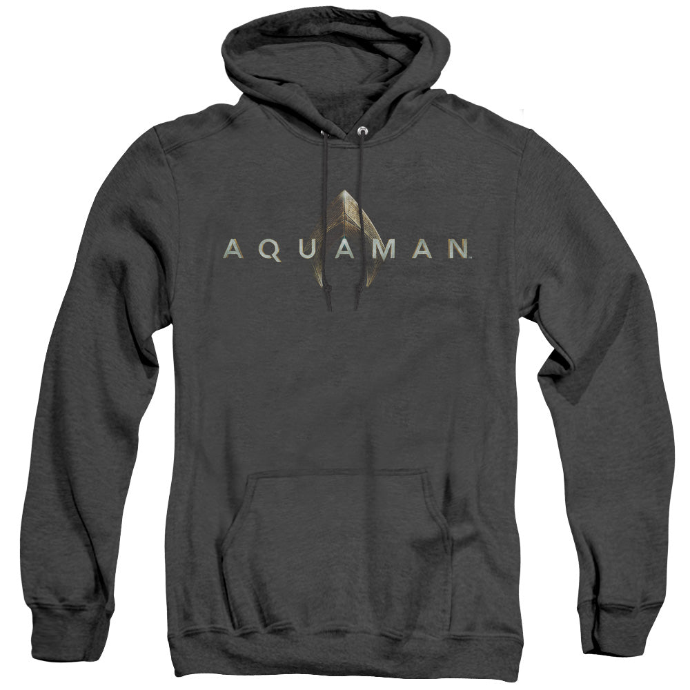 AN OFFCIALLY LICENSED AQUAMAN MOVIE LOGO ADULT UNISEX HEATHER PULLOVER HOODIE BLACK