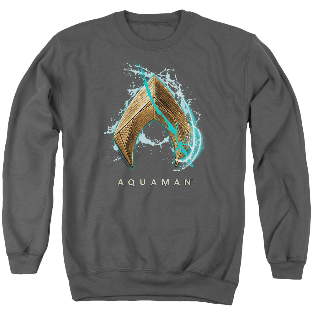 AN OFFCIALLY LICENSED AQUAMAN MOVIE WATER SHIELD ADULT UNISEX CREWNECK SWEATSHIRT CHARCOAL