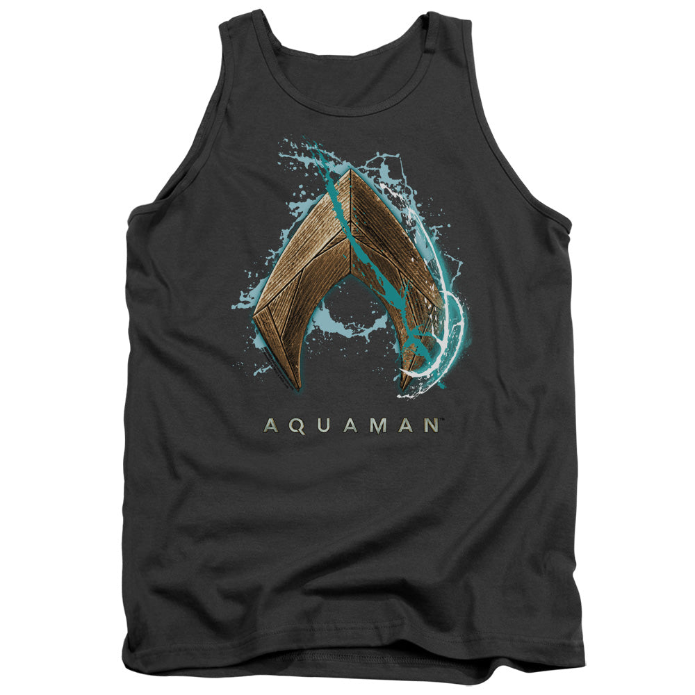 AN OFFCIALLY LICENSED AQUAMAN MOVIE WATER SHIELD ADULT UNISEX TANK TOP CHARCOAL