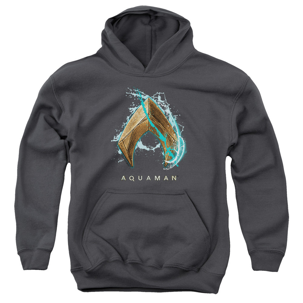 AN OFFCIALLY LICENSED AQUAMAN MOVIE WATER SHIELD YOUTH HOODIE CHARCOAL