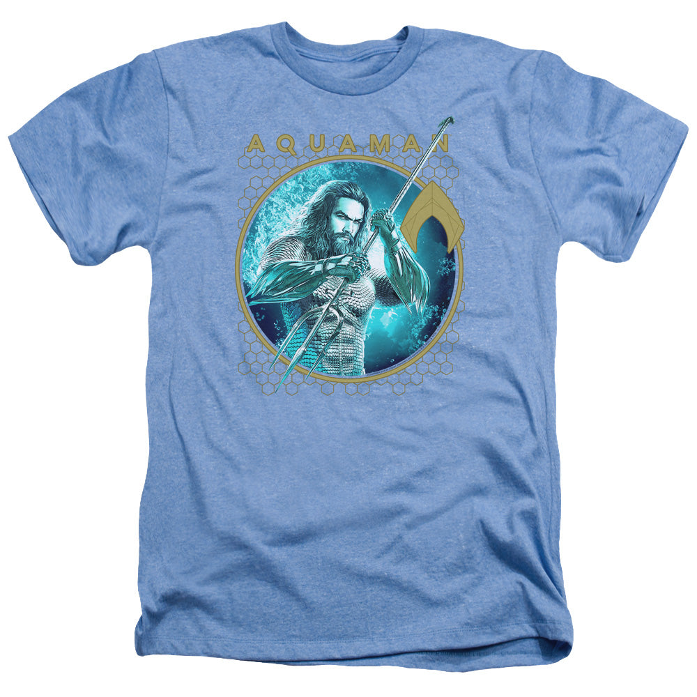 AN OFFCIALLY LICENSED AQUAMAN MOVIE TRIDENT OF NEPTUNE MEN'S HEATHER T-SHIRT LIGHT BLUE