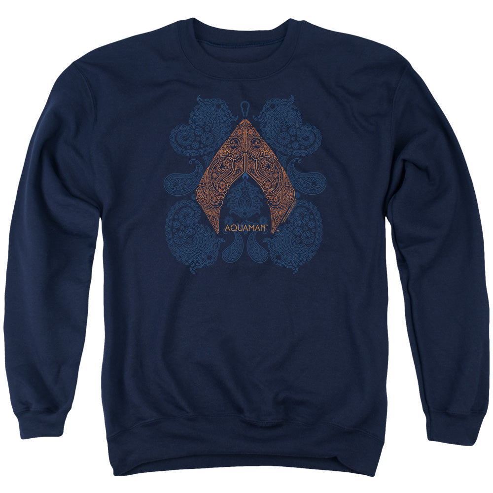 AN OFFCIALLY LICENSED AQUAMAN MOVIE AQUA PAISLEY ADULT UNISEX CREWNECK SWEATSHIRT NAVY