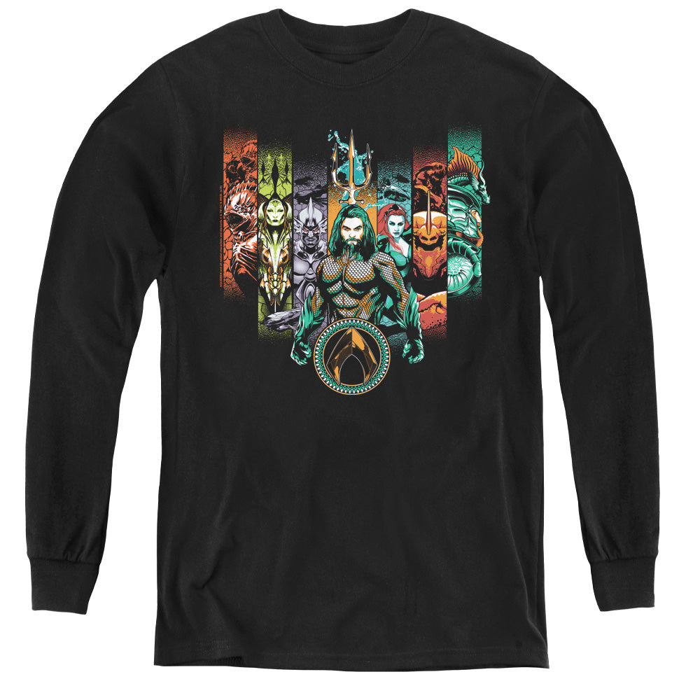AN OFFCIALLY LICENSED AQUAMAN MOVIE UNITE THE KINGDOMS YOUTH LONG SLEEVE T-SHIRT BLACK