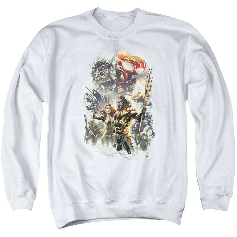 AN OFFCIALLY LICENSED AQUAMAN MOVIE KING OF ATLANTIS ADULT UNISEX CREWNECK SWEATSHIRT WHITE