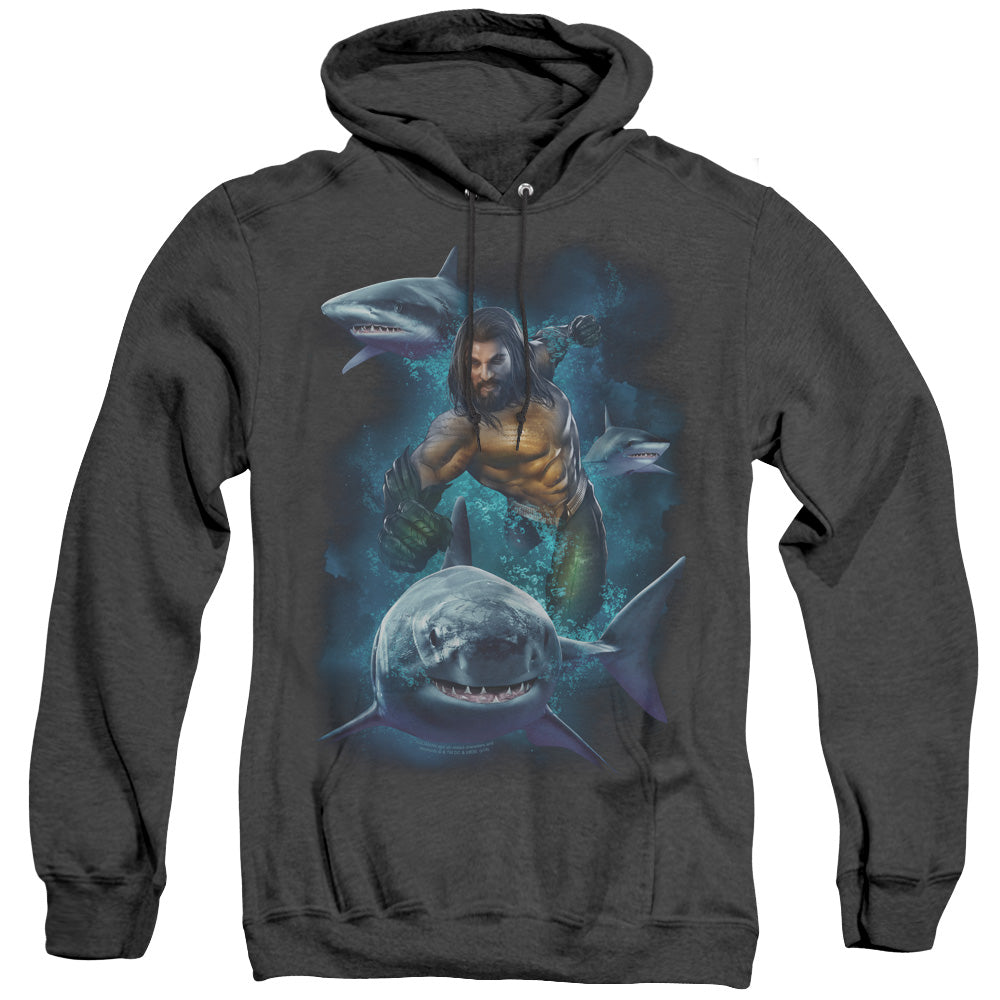AN OFFCIALLY LICENSED AQUAMAN MOVIE SWIMMING WITH SHARKS ADULT UNISEX HEATHER PULLOVER HOODIE BLACK