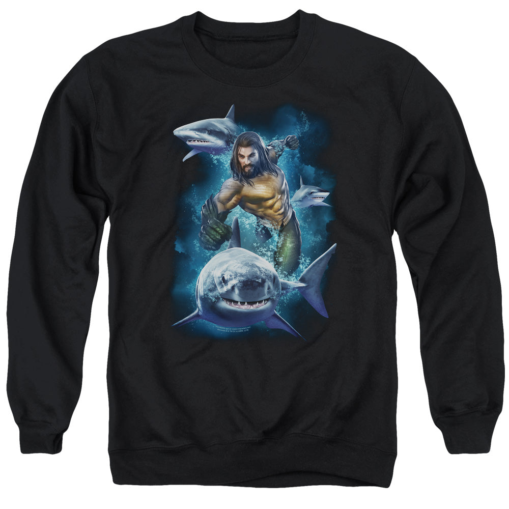 AN OFFCIALLY LICENSED AQUAMAN MOVIE SWIMMING WITH SHARKS ADULT UNISEX CREWNECK SWEATSHIRT BLACK