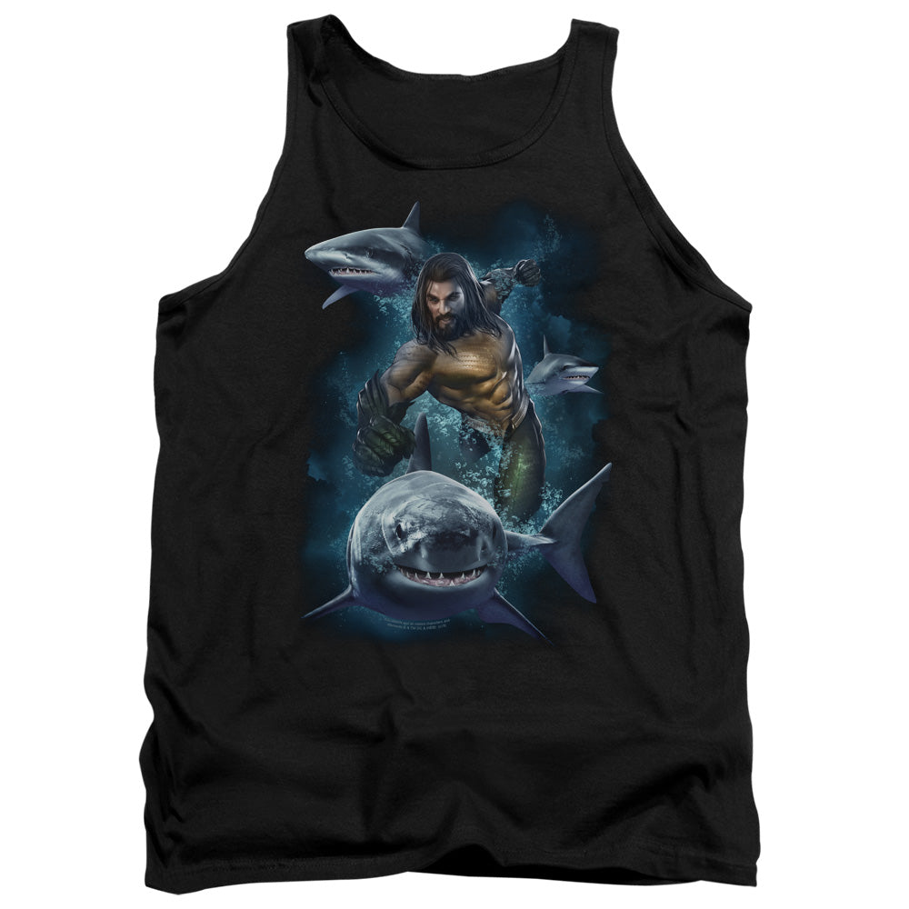 AN OFFCIALLY LICENSED AQUAMAN MOVIE SWIMMING WITH SHARKS ADULT UNISEX TANK TOP BLACK