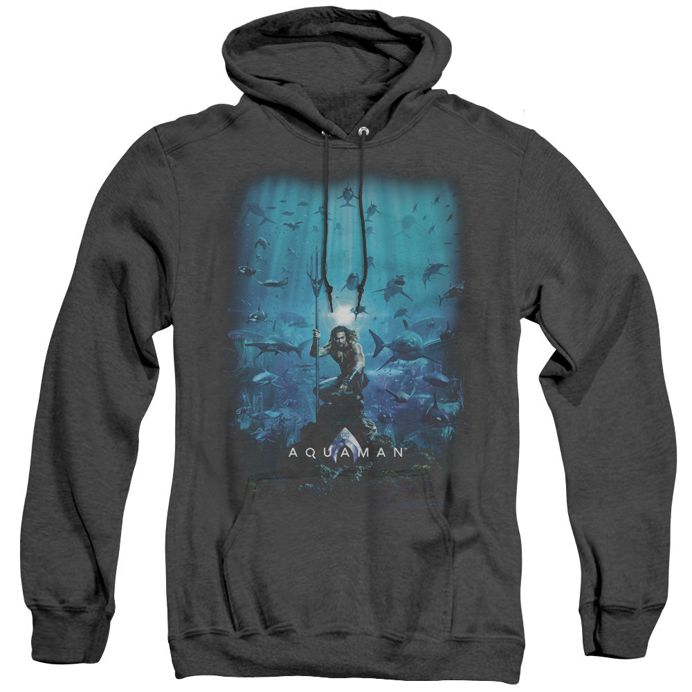 AN OFFCIALLY LICENSED AQUAMAN MOVIE POSTER ADULT UNISEX HEATHER PULLOVER HOODIE BLACK