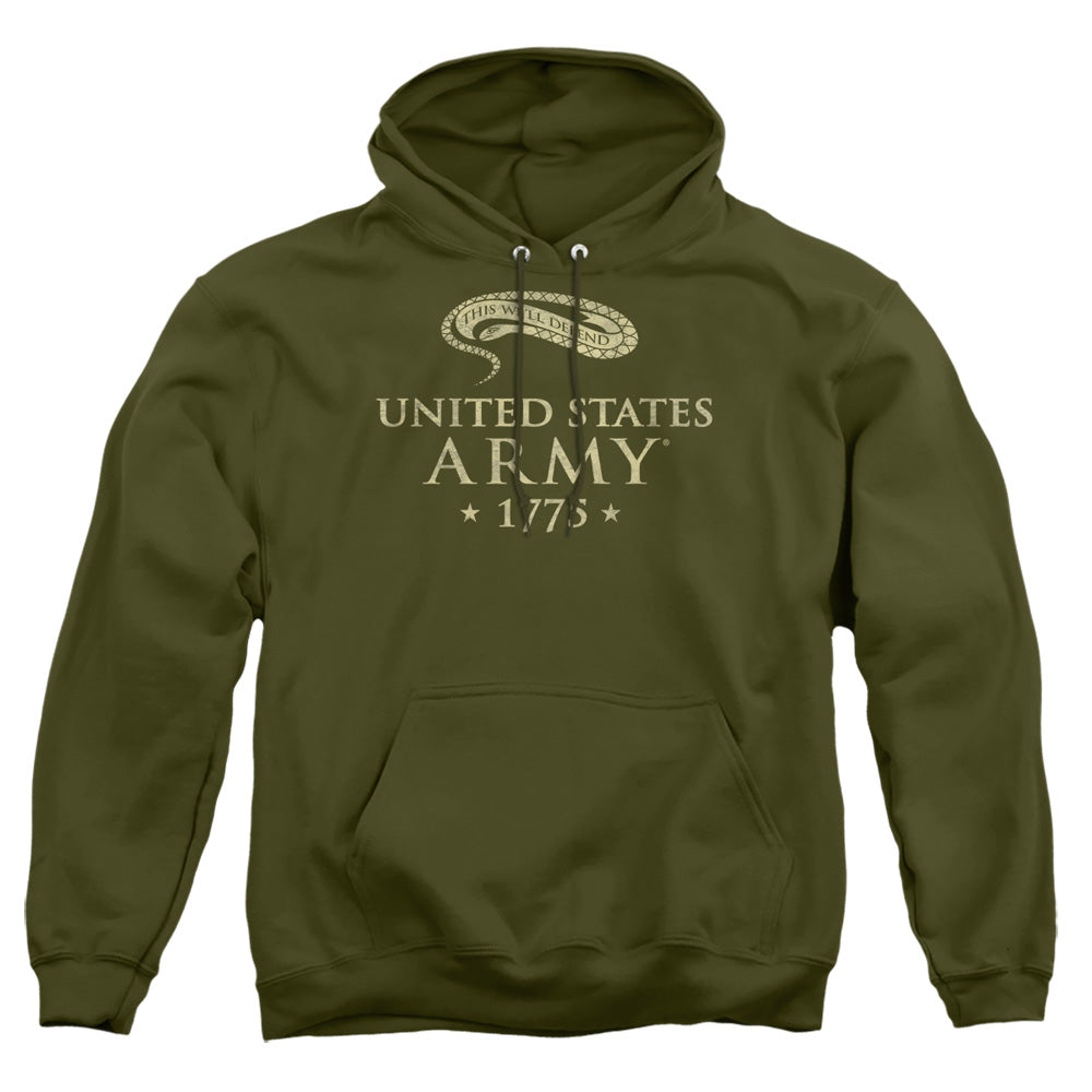 AN OFFCIALLY LICENSED ARMY WELL DEFEND ADULT UNISEX PULLOVER HOODIE MILITARY GREEN