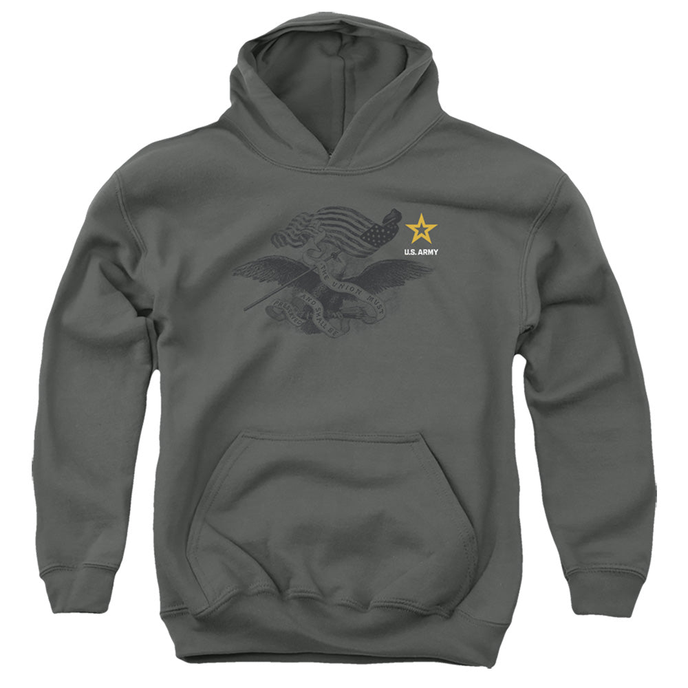 AN OFFCIALLY LICENSED ARMY LEFT CHEST YOUTH HOODIE CHARCOAL