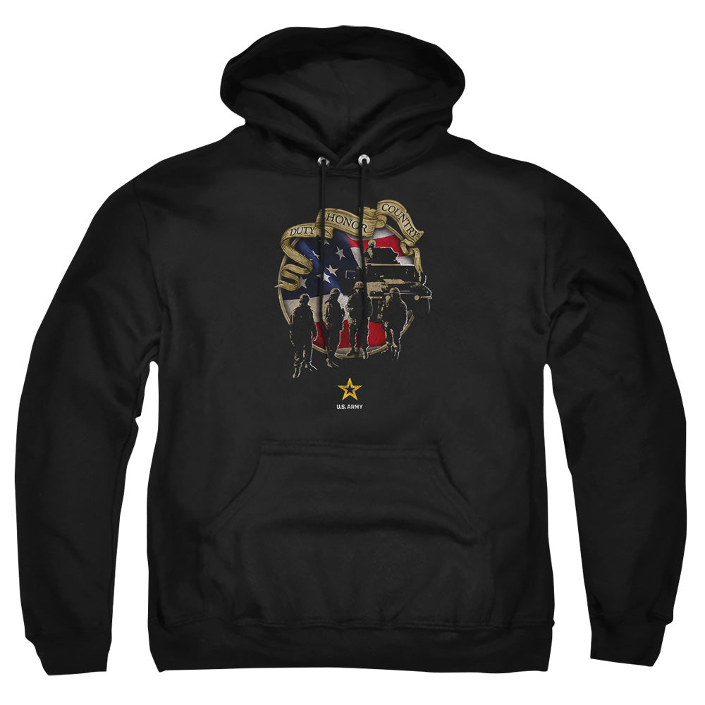 AN OFFCIALLY LICENSED ARMY DUTY HONOR COUNTRY ADULT UNISEX PULLOVER HOODIE BLACK
