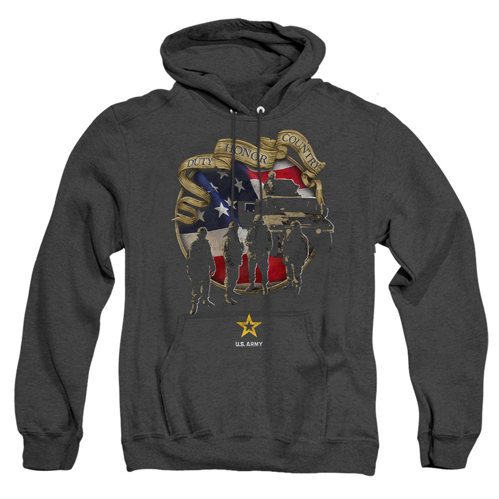 AN OFFCIALLY LICENSED ARMY DUTY HONOR COUNTRY ADULT UNISEX HEATHER PULLOVER HOODIE BLACK