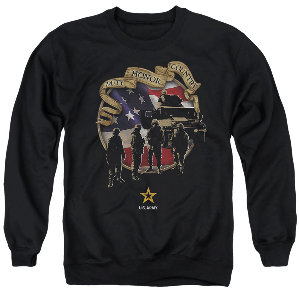 AN OFFCIALLY LICENSED ARMY DUTY HONOR COUNTRY ADULT UNISEX CREWNECK SWEATSHIRT BLACK