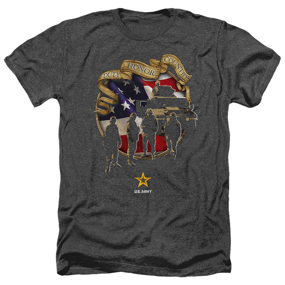 AN OFFCIALLY LICENSED ARMY DUTY HONOR COUNTRY MEN'S HEATHER T-SHIRT CHARCOAL