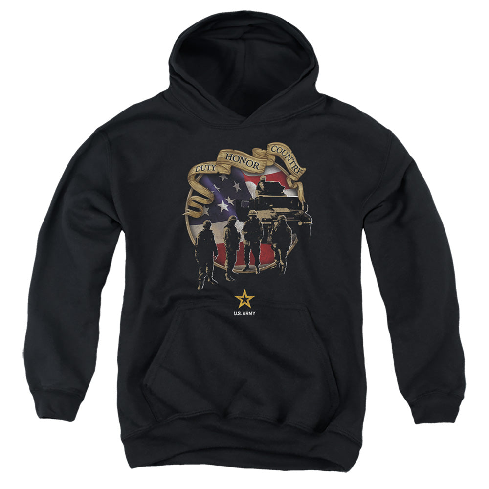 AN OFFCIALLY LICENSED ARMY DUTY HONOR COUNTRY YOUTH HOODIE BLACK