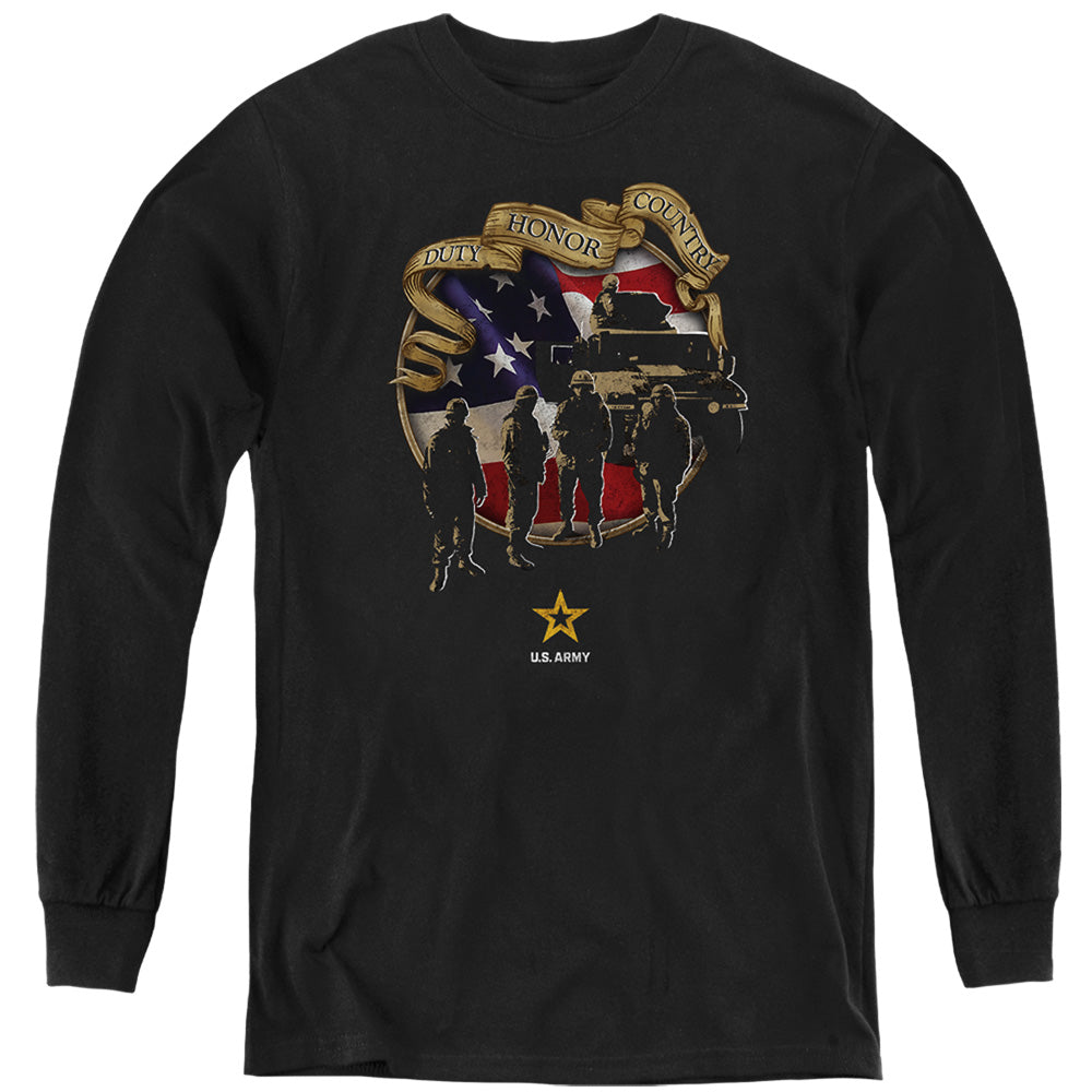 AN OFFCIALLY LICENSED ARMY DUTY HONOR COUNTRY YOUTH LONG SLEEVE T-SHIRT BLACK