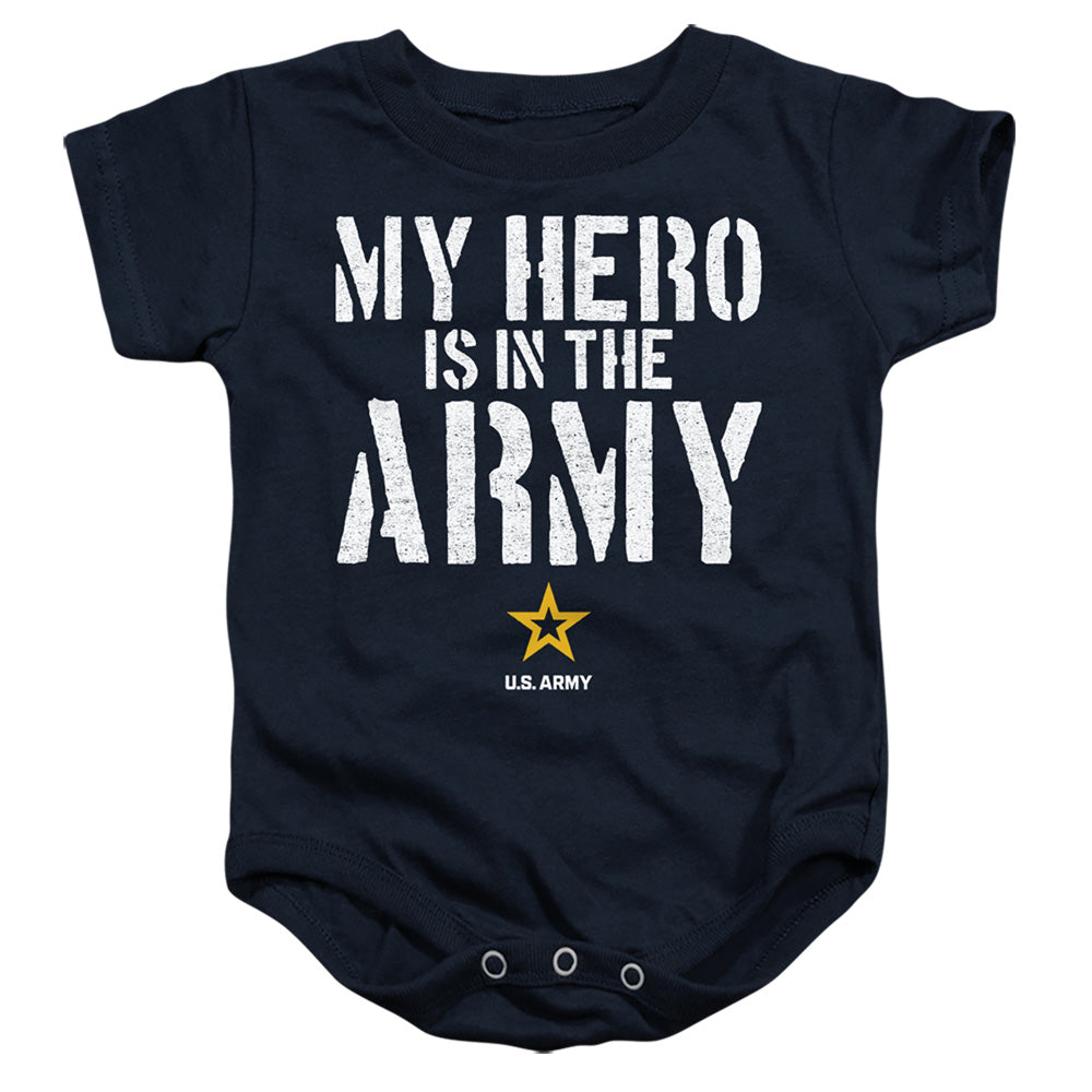 AN OFFCIALLY LICENSED ARMY MY HERO BABY BODYSUIT NAVY