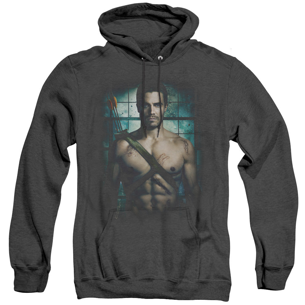 AN OFFCIALLY LICENSED ARROW SHIRTLESS ADULT UNISEX HEATHER PULLOVER HOODIE BLACK
