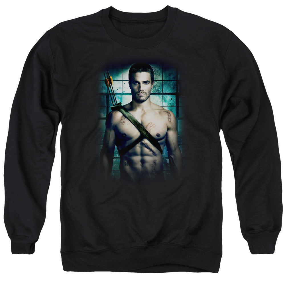 AN OFFCIALLY LICENSED ARROW SHIRTLESS ADULT UNISEX CREWNECK SWEATSHIRT BLACK
