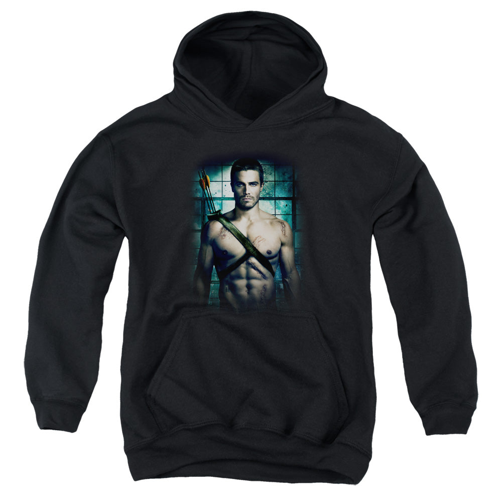 AN OFFCIALLY LICENSED ARROW SHIRTLESS YOUTH HOODIE BLACK