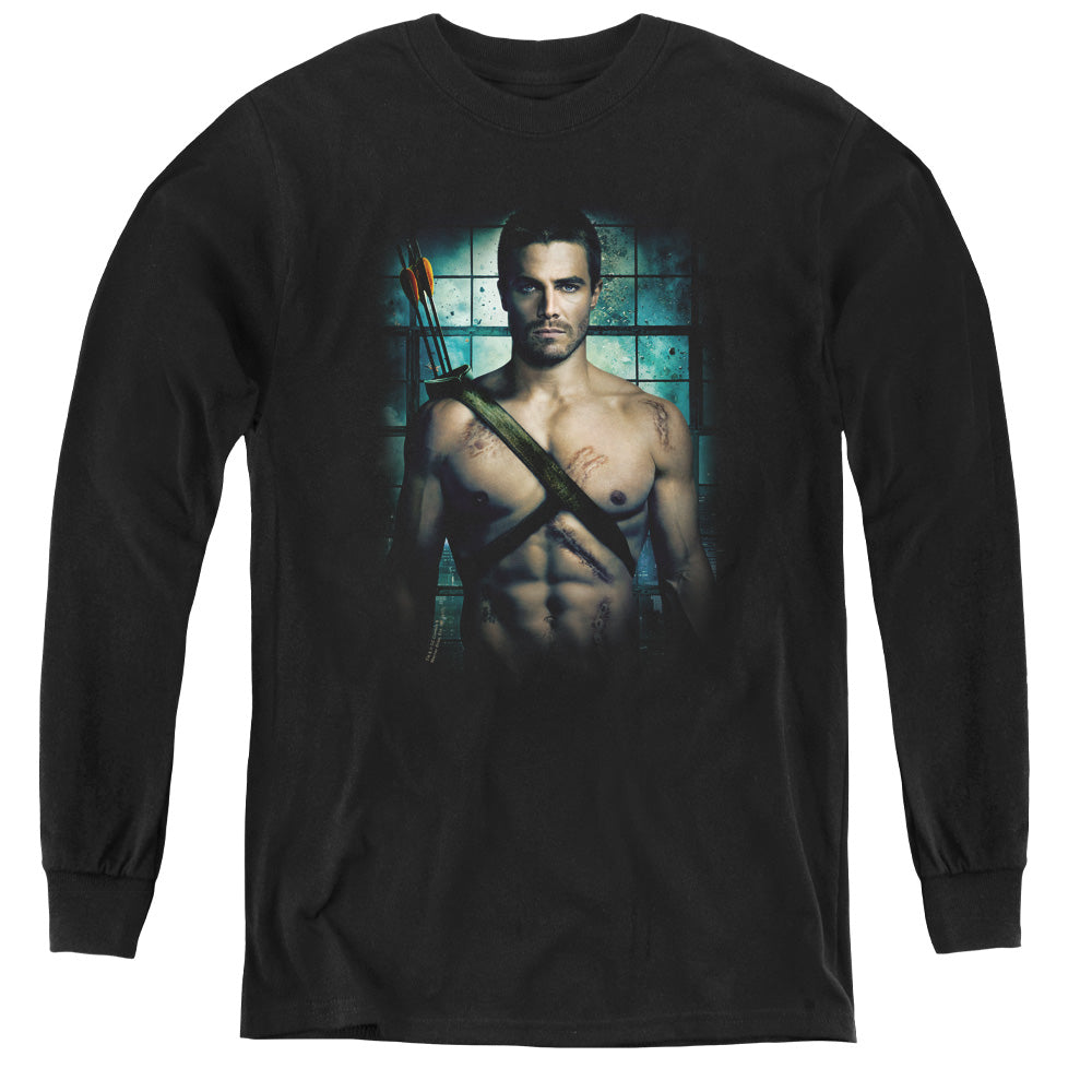 AN OFFCIALLY LICENSED ARROW SHIRTLESS YOUTH LONG SLEEVE T-SHIRT BLACK