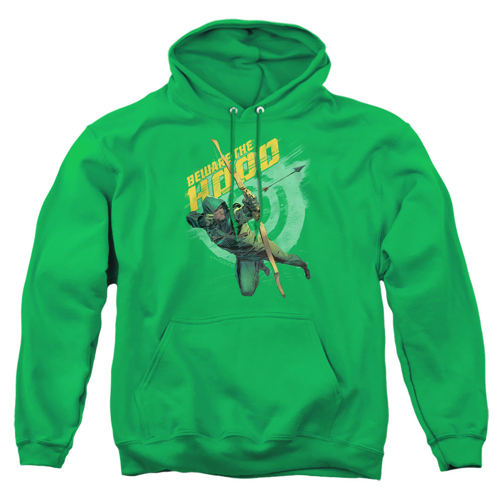 AN OFFCIALLY LICENSED ARROW BEWARE ADULT UNISEX PULLOVER HOODIE KELLY GREEN