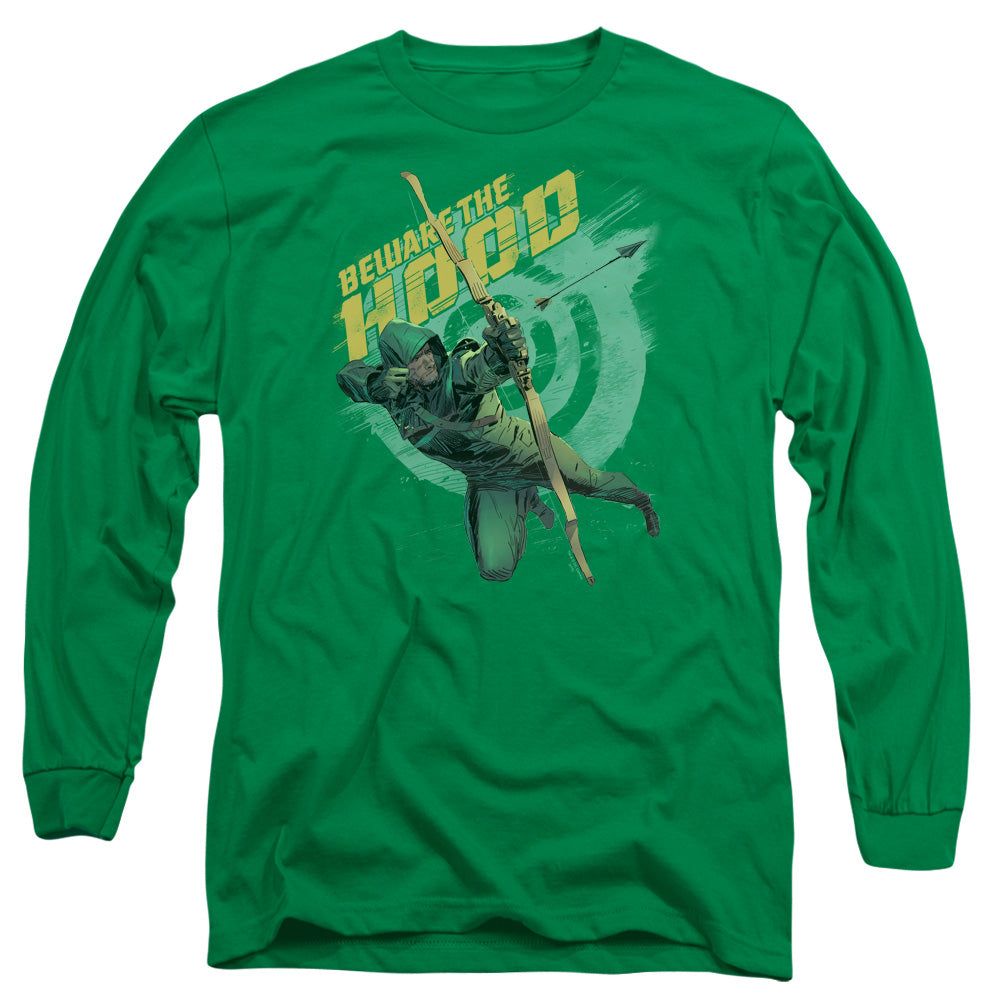 AN OFFCIALLY LICENSED ARROW BEWARE MEN'S LONG SLEEVE T-SHIRT KELLY GREEN